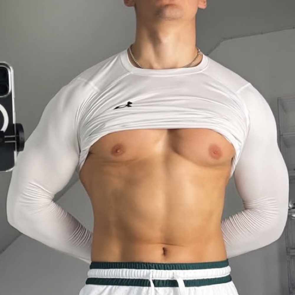 UNDER ARMOUR Men Long Sleeve T SHIRT FITTED ALL WHITE COMPRESSION TIGHT WORKOUT